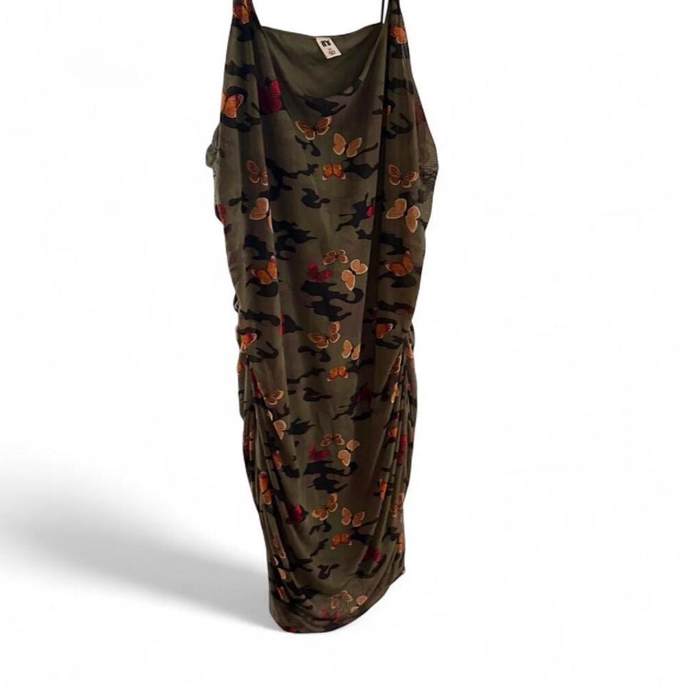 Green camo print dress with orange & red butterflies, size 3X #camouflage #butte